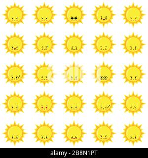 Sun emoji vector set, weather emoticons. Stock Vector