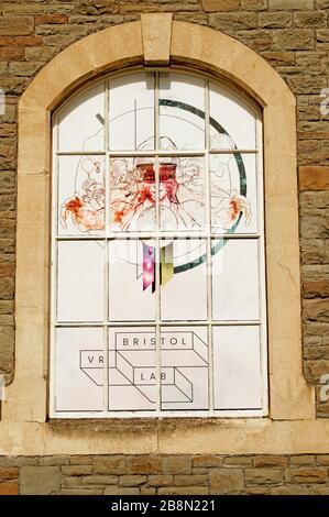 Bristol VR (Virtual Reality) Lab, decorated window on the VR theme. The Lab is a coworking space for VR, AR and MR developers. Stock Photo