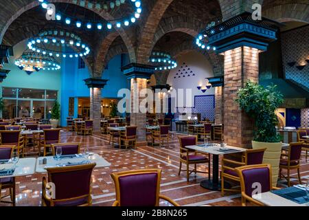 The dining room and buffet at the Bayview Taba Heights Resort along the Red Sea, Egypt, Middle ...