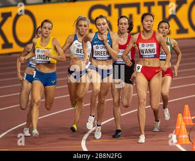 DOHA - QATAR - SEP 27: Lovisa Lindh (SWE), Alexandra Bell (GB & NI), Hanna Green (USA) and Chunyu Wang (CHN) competing in the Women's 800m heats durin Stock Photo