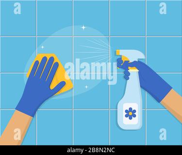 Cleaning concept. Hand in blue rubber glove cleans the tile with sponge and cleaning spray. Cleaning service background design. Vector illustration in Stock Vector