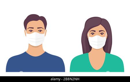 Man and women with protective medical mask on face for prevent virus. People in surgical mask. Vector illustration in flat style Stock Vector