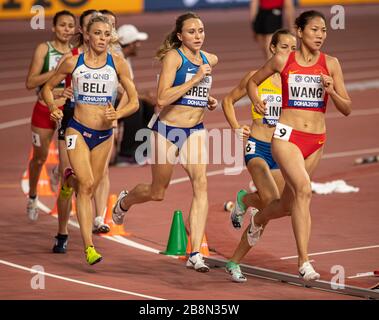 DOHA - QATAR - SEP 27: Alexandra Bell (GB & NI), Hanna Green (USA) and Chunyu Wang (CHN) competing in the Women's 800m heats during day one of 17th IA Stock Photo