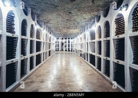 Corridor of National Oenotheque - wine collection in Famous Cricova winery in Cricova town near Chisinau, capital of Moldova Stock Photo