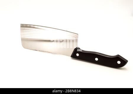 Meat cleaver with black handle on a white background Stock Photo