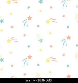 Star sky cute seamless vector pattern background mint and yellow neutral color shapes. Stock Vector