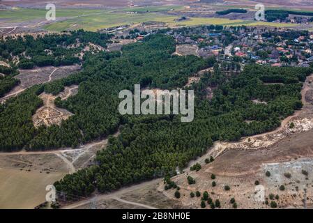 View from plane during take off from Adolfo Suarez Madrid–Barajas Airport, main international airport serving Madrid in Spain Stock Photo