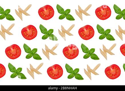 Pattern with cherry tomatoes, basil and pasta Stock Photo
