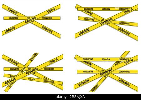 set of quarantine caution on yellow warning tape coronavirus infection Stock Vector