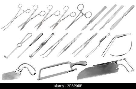 Set of surgical instruments. Tweezers, scalpels, Liston s knife, clamp, scissors, Folkman hook, Meyer forceps, needle, Langenbek saw, Satterlee BonSaw Stock Vector