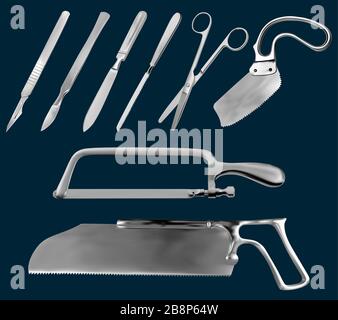 Set of surgical cutting tools. Reusable scalpels, Liston amputation knife , metacarpal saw, straight scissors, saw sheet Satterlee, Bergman saw for Stock Vector