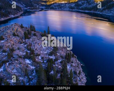 Aerial View of South Lake in winter, Sierra Nevada Mountains, California Stock Photo
