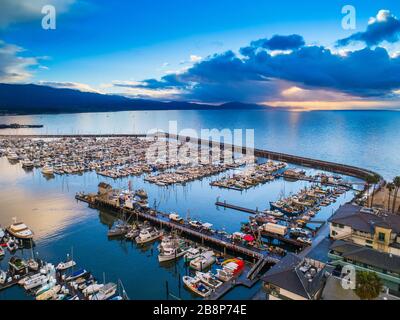 Aerial of stormy sunrise over the harbor, Santa Barbara, California Stock Photo