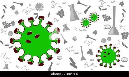 A simple graphic of a virus with many lab utensils Stock Vector