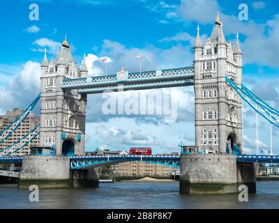 London tower bridge, with traditional double decker red bus on it Stock Photo