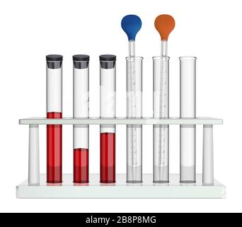 A set of laboratory equipment for blood analysis. Glass test tubes and measuring pipette in laboratory rack. Objects on a white background. Vector Stock Vector
