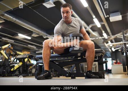 Full length portrait of mature muscular man doing exercises with dumbbells during strength workout in modern gym, copy space Stock Photo
