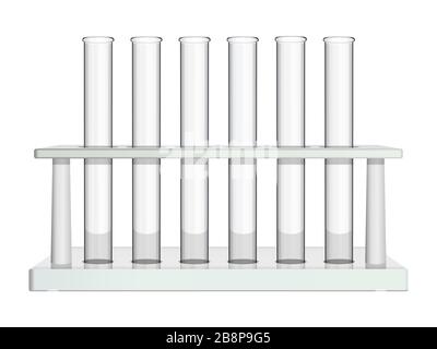 Laboratory rack with glass test tubes. Special equipment for analysis and study of chemical and biological processes in the pharmaceutical, medicine Stock Vector