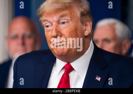 Washington DC, USA. 22nd Mar, 2020. United States President Donald J. Trump speaks during the daily briefing on the Coronavirus Pandemic from the Brady Press Briefing Room if the White House in Washington, DC on Sunday, March 22, 2020. Credit: MediaPunch Inc/Alamy Live News Stock Photo