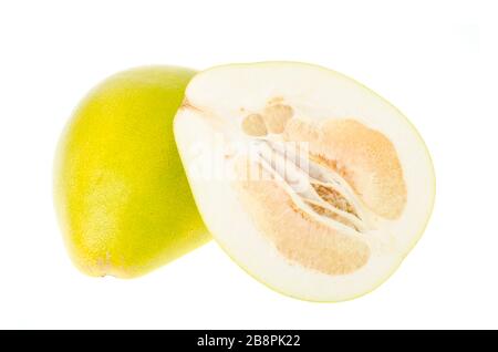 Juicy, ripe Citrus maxima, Citrus grandis, cut in half. Studio Photo Stock Photo