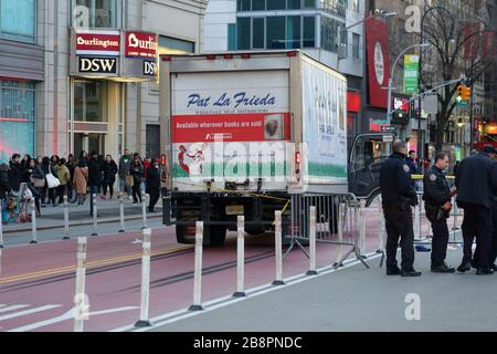 A police investigation in Union Square of a collision between a truck and pedestrian, New York, NY. March 7, 2020 Stock Photo