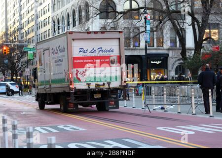 A police investigation in Union Square of a collision between a truck and pedestrian, New York, NY. March 7, 2020 Stock Photo