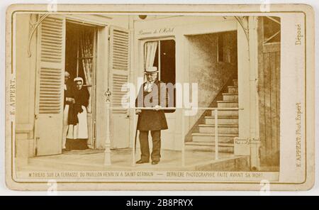 Thiers on the terrace of the pavilion Henri IV in Saint-Germain - last photograph taken before his death. Portrait of Adolphe Thiers (1797-1877), historian, statesman, first president of the Third Republic Portrait d'Adolphe Thiers (1797-1877), historien, homme d'état, premier président de la Troisième République. M. Thiers sur la terrasse du pavillon Henri IV à Saint-Germain - dernière photographie faite avant sa mort. Photographie d'Ernest Charles Appert (1830-1890). Tirage sur papier albuminé, 1877. Paris, musée Carnavalet. Stock Photo