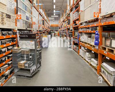 The Home Depot store department section aisles in San Diego, California, USA. The Home Depot is the largest home improvement retailer and construction service in the US. March, 15h, 2020 Stock Photo