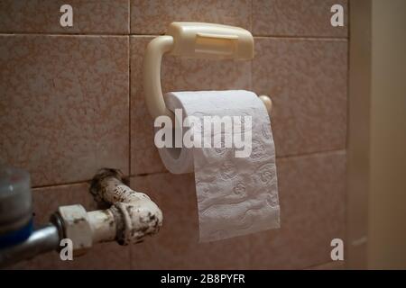 Close-up Of A Toilet Paper in Toilet or Bathroom Stock Photo