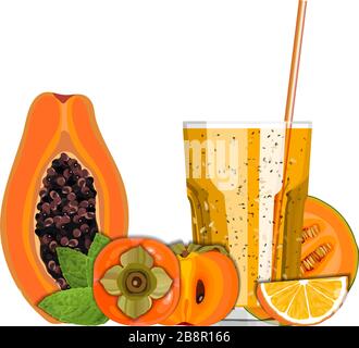 Orange color blended smoothie in a glass with ingredients vector illustration Stock Vector