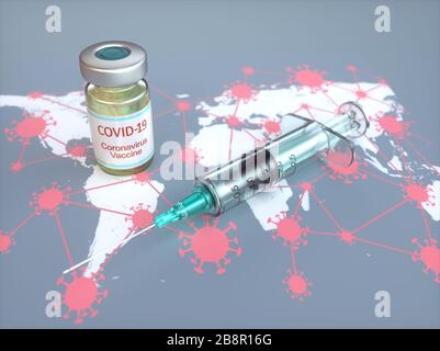 Conceptual image for the discovery of a vaccine for the Covid-19, Coronavirus, 2019-nCoV, SARS-CoV-2. 3D illustration. Stock Photo
