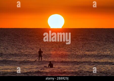 Two stand up paddleboarders facing an over sized sun at sunset on the ocean.