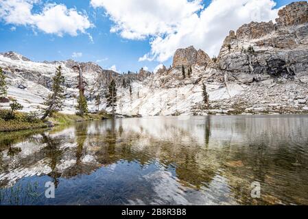 Pear Lake rests at the base of Alta Peak and marks the end of the 6.6 mile Lakes Trail in Sequoia National Park. Stock Photo