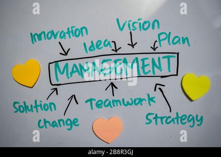 Management text with keywords isolated on white board background. Chart or mechanism concept. Stock Photo