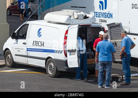 Van of state run Cuba Telecommunication preparing to broadcast for Cuban television. Technical equipment of press in Havana, Cuba. Stock Photo