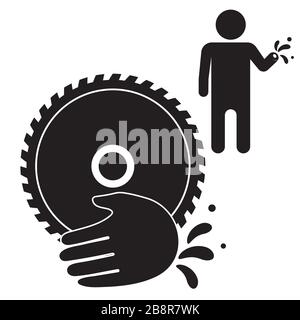 Icon black silhouette circular circle saw and hand injury on a white isolated background. Vector image Stock Vector