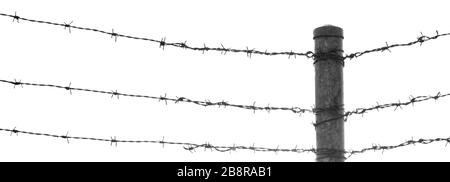 three lines of sharp barbed barb wire security fencing converging on a post. large void for text or cropping. bw black and white Stock Photo