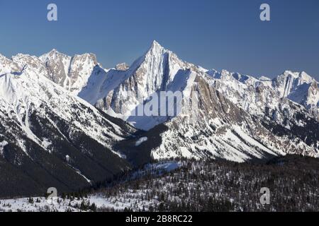 Mount Ishbel Scenic Aerial Landscape View, Jagged Snowy Mountain Peak in Sawback Range High Above Bow Valley, Banff National Park, Canadian Rockies Stock Photo