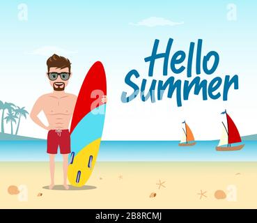 Hello summer vector concept design. Hello summer text with man character standing while holding surfboard and enjoying holiday vacation in beach. Stock Vector