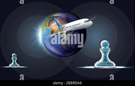 world and chess pawn travel on plane Stock Vector