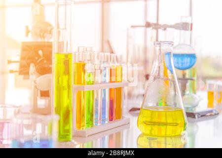 Chemical reagent bottles in scientific experiments of various sizes Stock Photo
