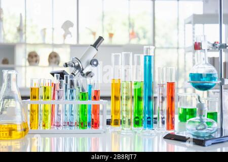 Various glass tubes and equipment used in scientific laboratories, on desks, in laboratories, try researching Stock Photo