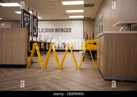 A McDonald's Franchise closes its seating area to the public. This was necessary amidst the Coronavirus pandemic. Stock Photo