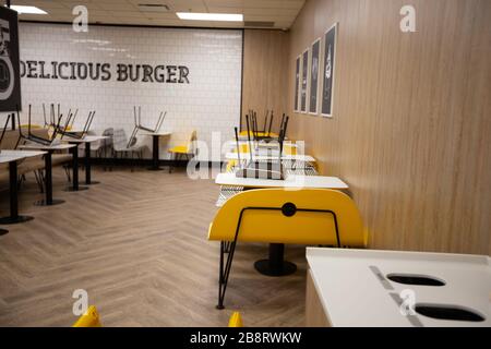 A McDonald's Franchise closes its seating area to the public. This was necessary amidst the Coronavirus pandemic. Stock Photo