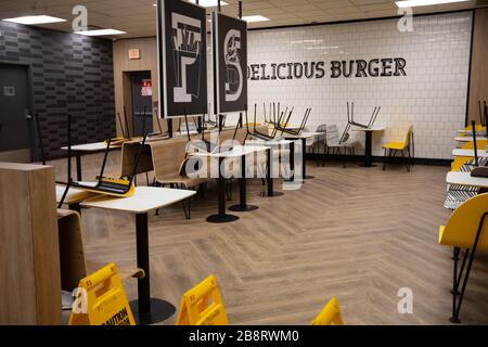 A McDonald's Franchise closes its seating area to the public. This was necessary amidst the Coronavirus pandemic. Stock Photo