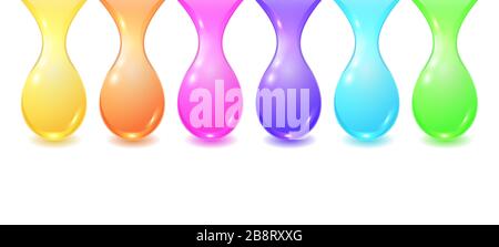 Vector set of colorful rainbow falling ink drops isolated on white background. Useful bright and glossy template for artistic paints. Realistic illust Stock Vector