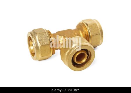 Bronze tee for plastic pipes isolated on white background Stock Photo