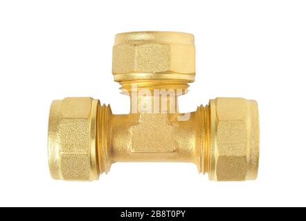 Bronze tee for plastic pipes isolated on white background Stock Photo
