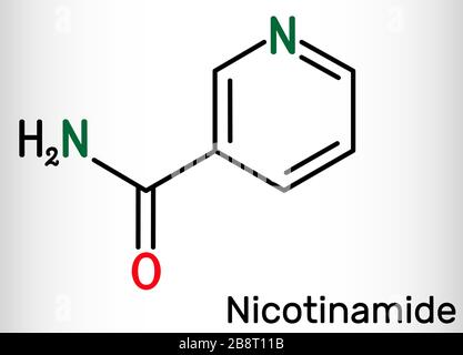 Nicotinamide, NAM, C6H6N2O molecule. It is vitamin B3 found in food, used as a dietary supplement. Structural chemical formula. Vector illustration Stock Vector