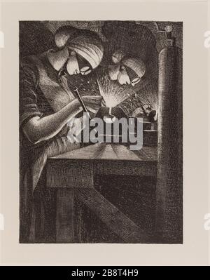 The Great War: The effort and the ideal of Great Britain represented in a series of lithographs. Workers welding acetylene Christopher Richard Nevinson (1889-1946). 'La Grande Guerre : L'Effort et l'idéal de la Grande-Bretagne représentés en une série de lithographies - Ouvrière soudant à l'acétylène'. Lithographie, 1914-1917. Musée des Beaux-Arts de la Ville de Paris, Petit Palais. Stock Photo